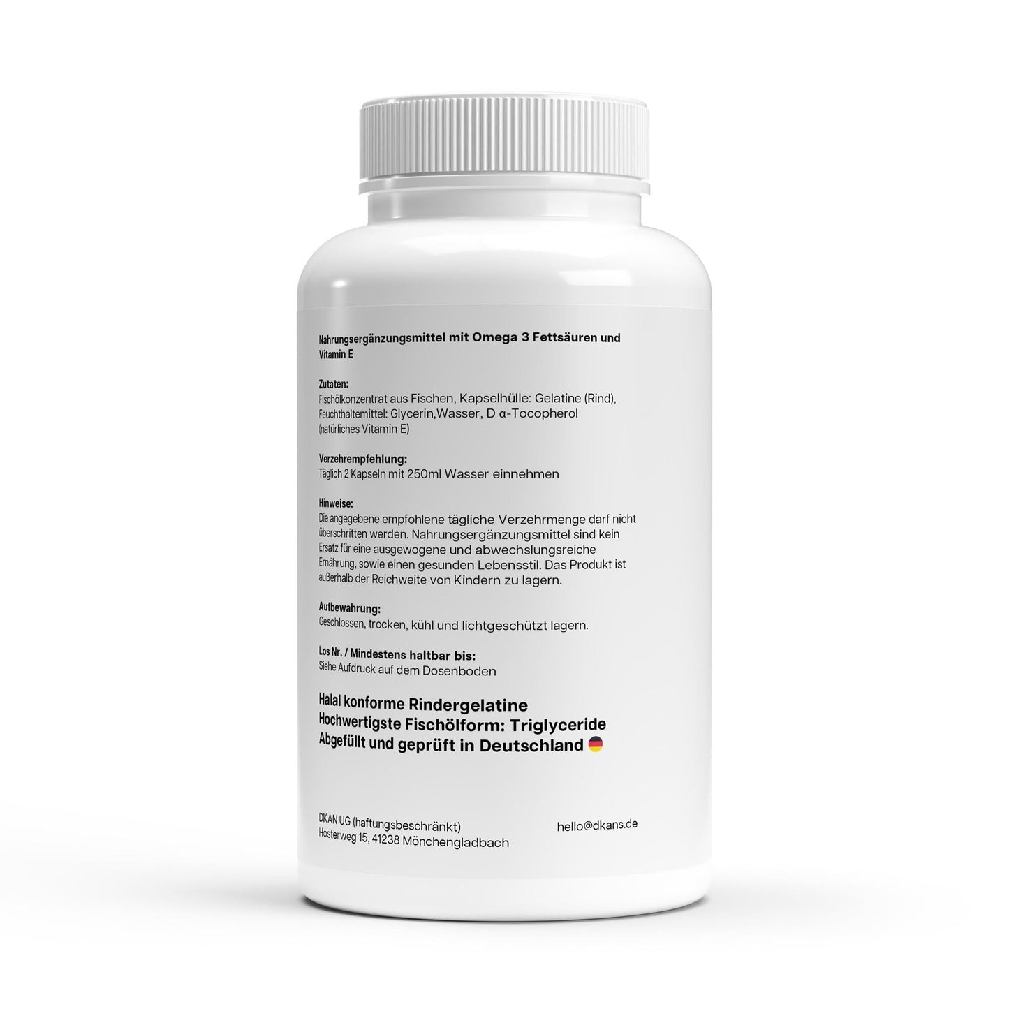 Omega 3 Kapseln Rückseite – Nährwerte EPA DHA Gehalt dkansnatural Triglyceride Supplement