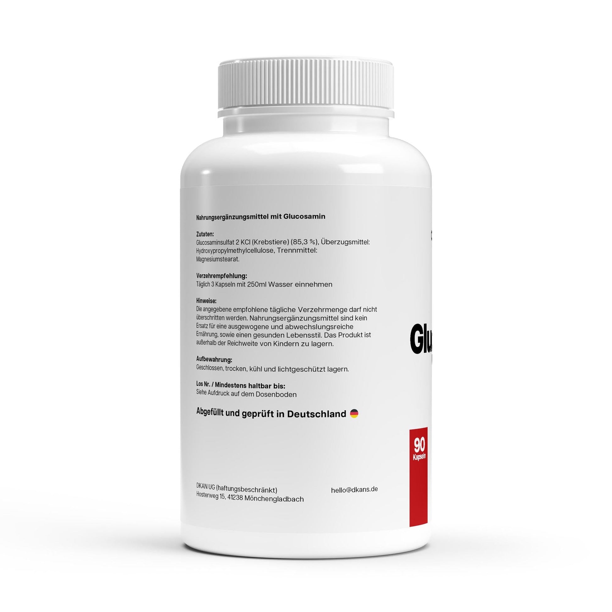Glucosamin 500mg Kapseln Rückseite – Nährwerte und Inhaltsstoffe dkansnatural Gelenkschutz